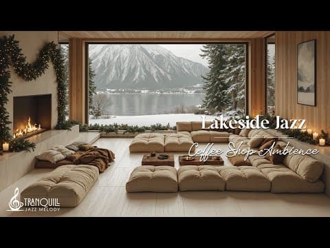 Cozy Winter Lakeside Cabin Jazz — Warm Coffee Shop Ambience with Snowfall for Study & Work
