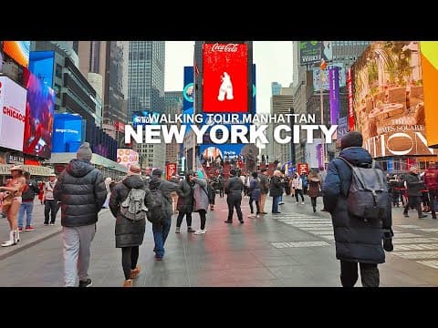 New York Manhattan Winter Walk, Broadway, Times Square, 7th Avenue, 59th Street, 42nd Street, 4K